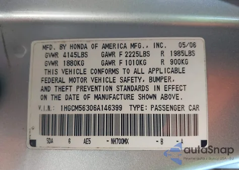 2006 Honda Accord 2.4 Se from USA, damaged, VIN 1HGCM56306A146399